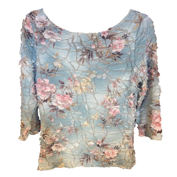 Karen Kane L Floral Top Blue and Pink 3/4 sleeves Textured Unique Fairy - Picture 2 of 7